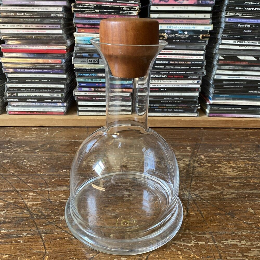 Vintage Danish Glass Decanter With Teak Wood Stopper EUC